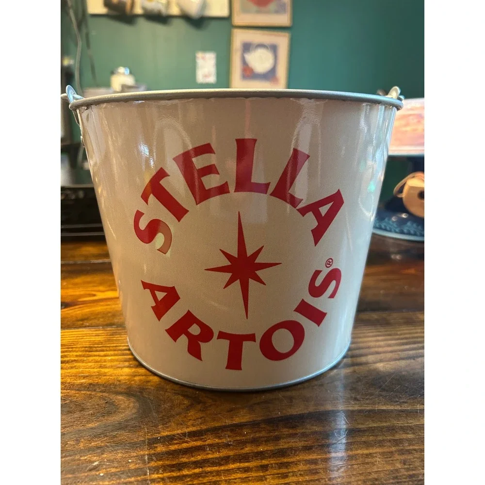 NEW Stella Artois Metal Ice Bucket – White Red Logo Star Pail Cooler NOS Barware